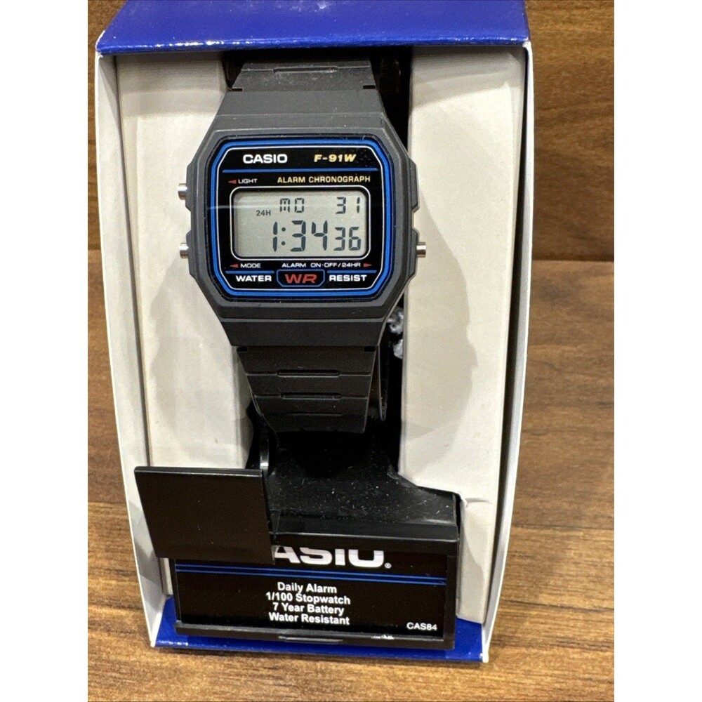 CASIO F91W-1 Digital Watch Black/Blue Resin Band Sports Watch Brand New